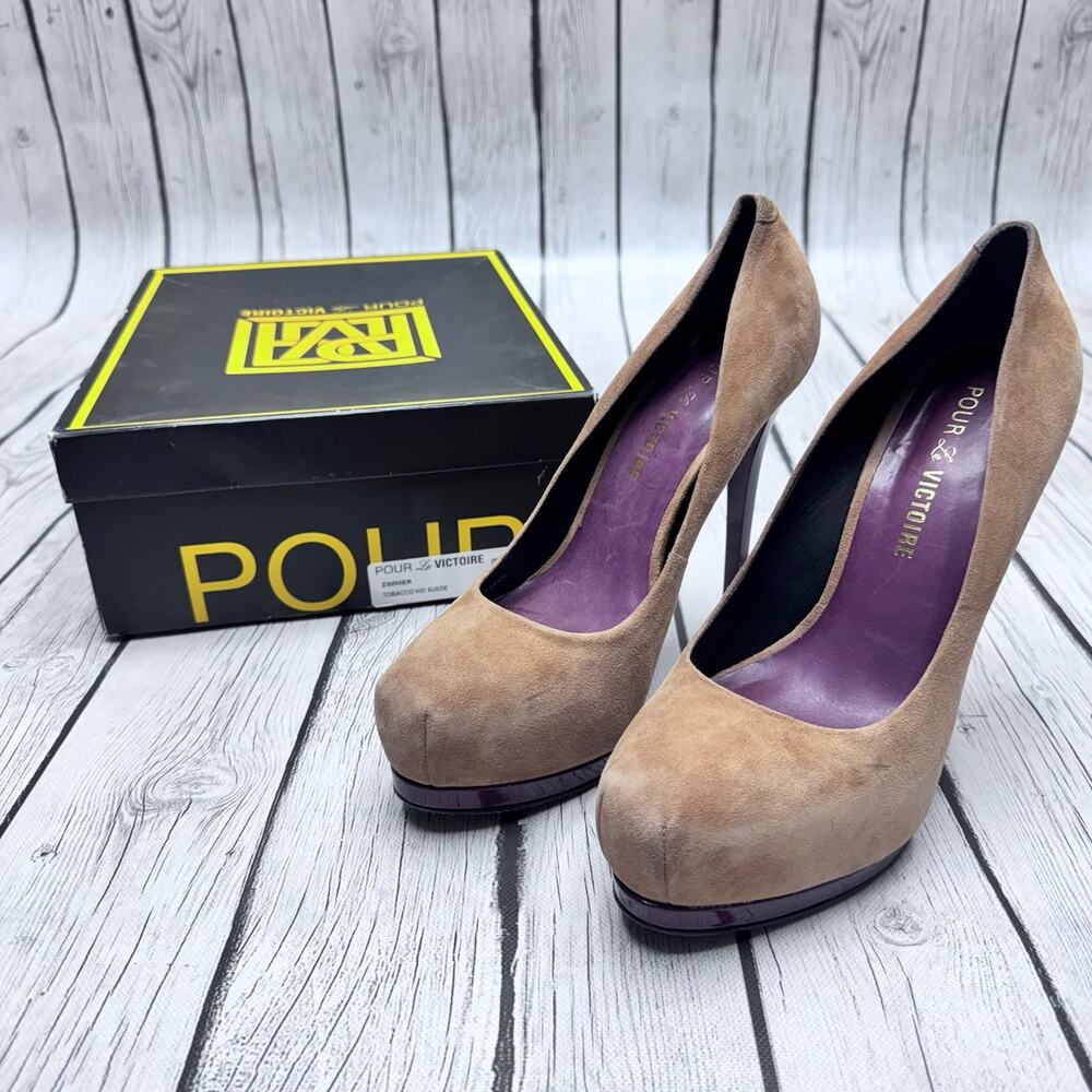 Pour La Victorie Stiletto Heels Tobacco Tan Platform Suede Pumps Zimmer 7.5